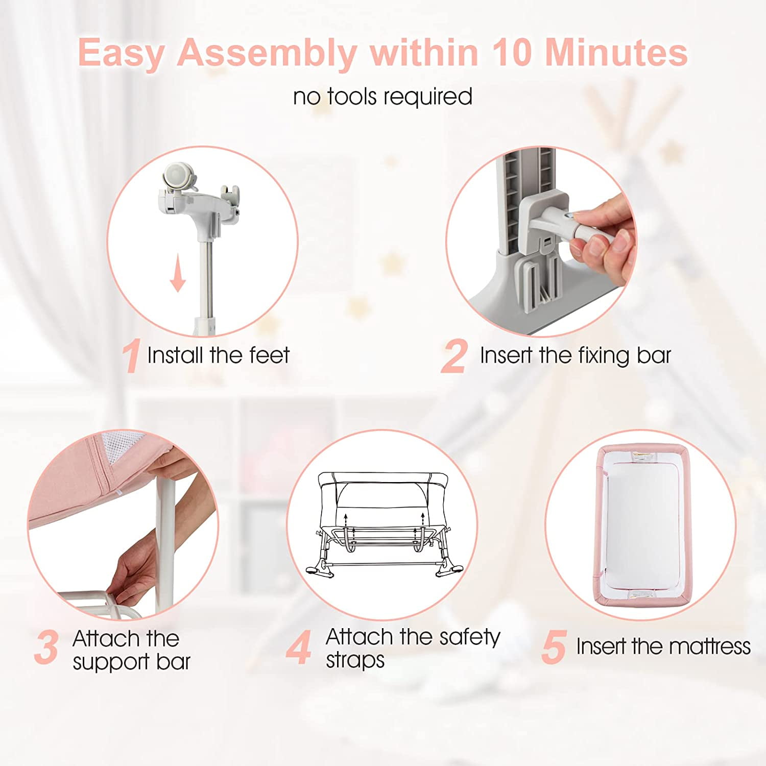 INFANS 3 in 1 Baby Bassinet Bedside Sleeper for Newborn, Folding Crib with Mattress, Travel Bag, Wheels, 4-Sided Mesh, Cradle Co Sleeper Stationary, Rock