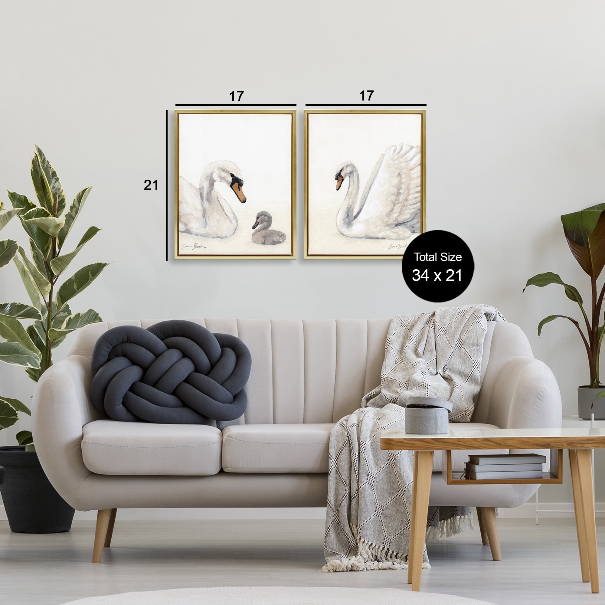 Stupell Industries Graceful Swan & Cygnet 2 Piece Gold Framed Floater Canvas Set, design by Sara Baker
