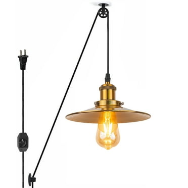 Kiven 1-Light Plug in Pendant Light,Industrial Pulley Hanging Light with 15FT Cord, Dimmable Ceiling Pendant Light Gold Finish