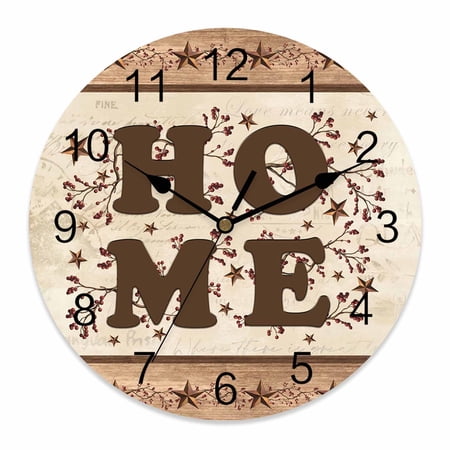 Wall Clock Barn Star Berry Clocks PVC Silent Non-Ticking Battery Operated Decorative Brown Wood Grain Home Round Clock for Home Living Room Kitchen Bedroom Office School Wall Decor 10 Inch