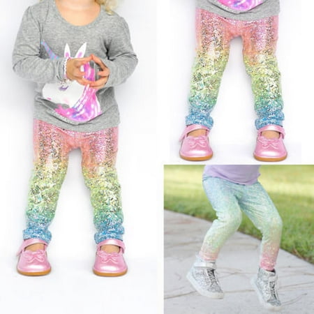 Baby Girls Rainbow Shiny Sequins Leggings Trousers Skinny Princess Pants Bottom