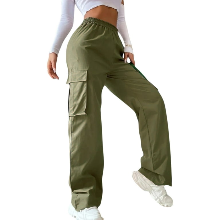 TOPGOD Women Cargo Pants Elastic Waist Tie-Up Side Pockets Loose