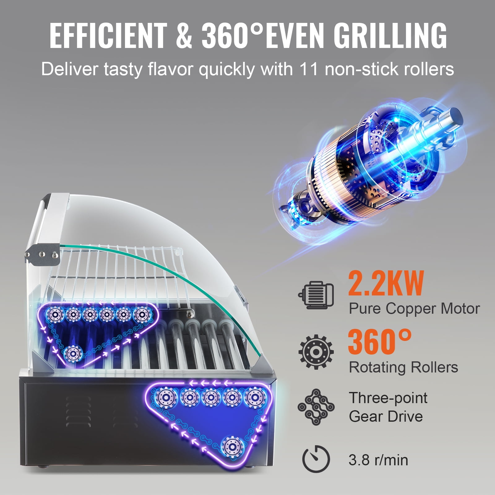 KFFKFF Backsplash Shelf 1650W Electric 30 Hot Dog 11 Roller Grill Cooker Machine