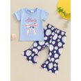 thumbnail image 3 of vera natura Little Girl Baseball Outfit Bow Pattern Short Sleeves Tops with Bell Bottom Trousers 2Pcs Set, 3 of 9