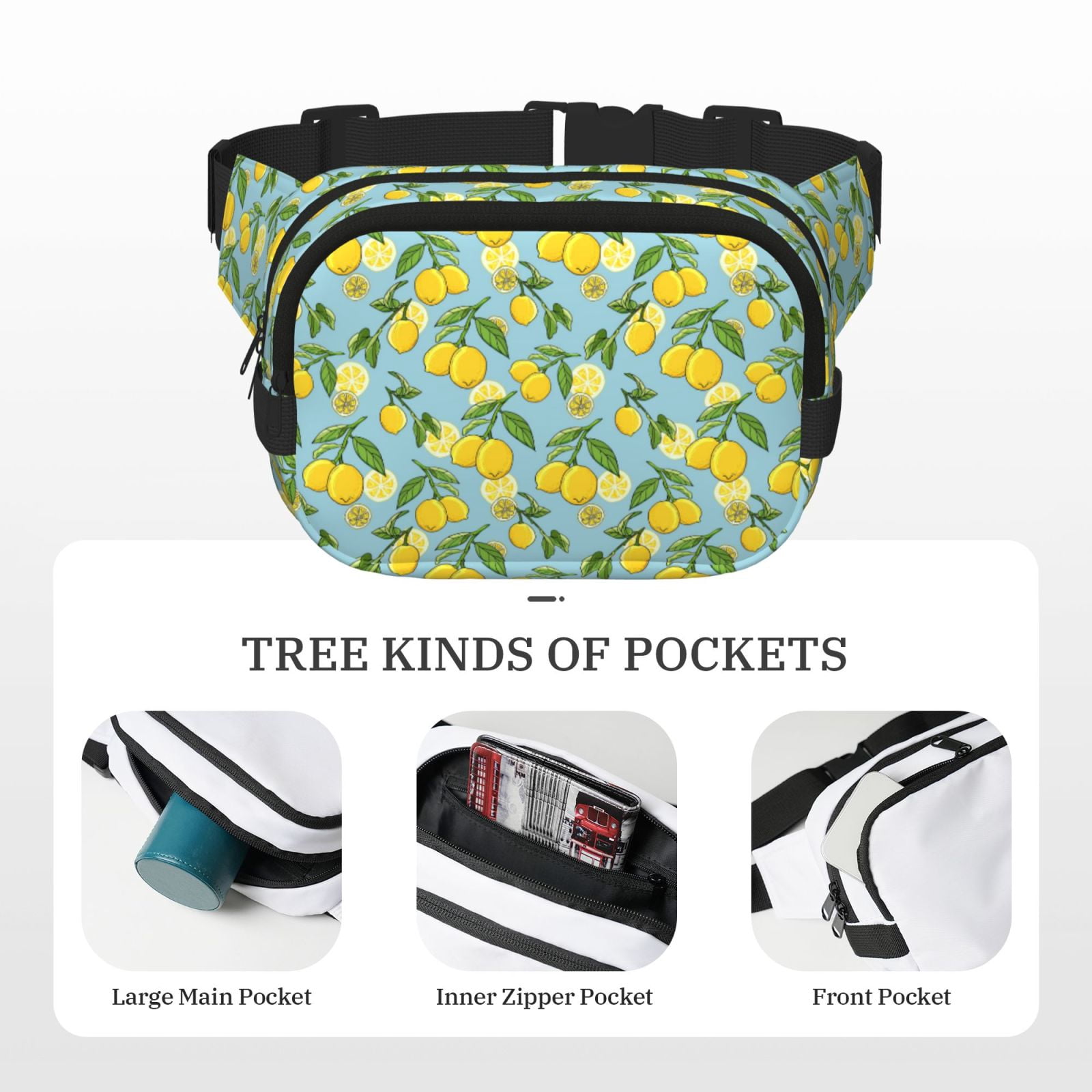 Fuzoiu Lemon (3) Print Unisex Square Double Layer Waist Bag,Crossbody Fanny Pack Travel Workout Accessory