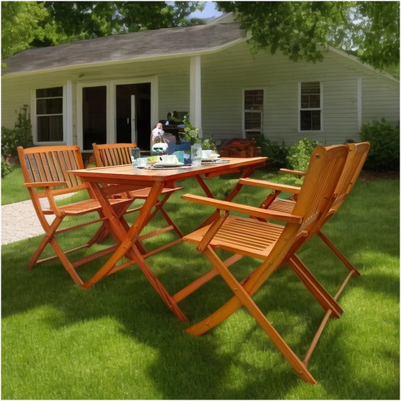 Oak 5-Piece Folding Patio Dining Set with Table and 4 Chairs, Solid Wood Foldable Outdoor Furniture for Garden, Deck, Balcony