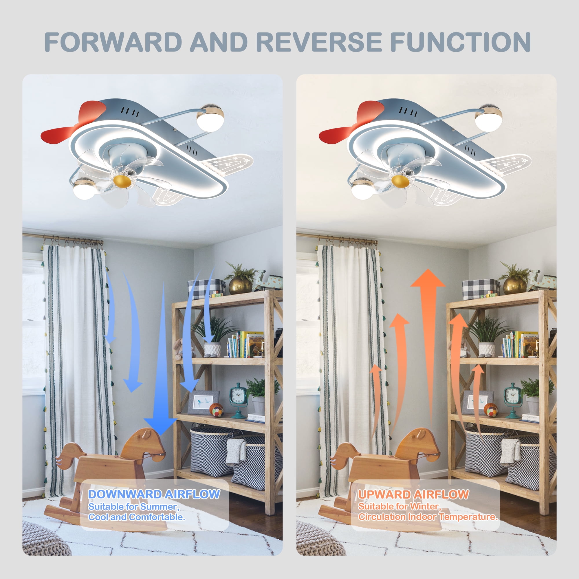 Cusp Barn 26 Inch Creative Plane aircraft Ceiling Fan With LED Light, Low Profile Flush Mount Ceiling Fan with Remote APP Control for Kids Bedroom