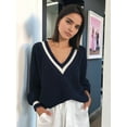 thumbnail image 4 of Women V Neck Sweaters Long Sleeve Light-Weight Knit Pullover Tops Dark Royal Blue XXL, 4 of 7