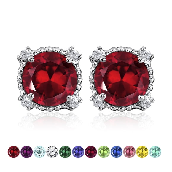 JeenMata 3.5 Carat Round Cut - January Stud Earrings - with Crystal Made with Swarovski Halo Milgrain in 18K White Gold Plating for Women
