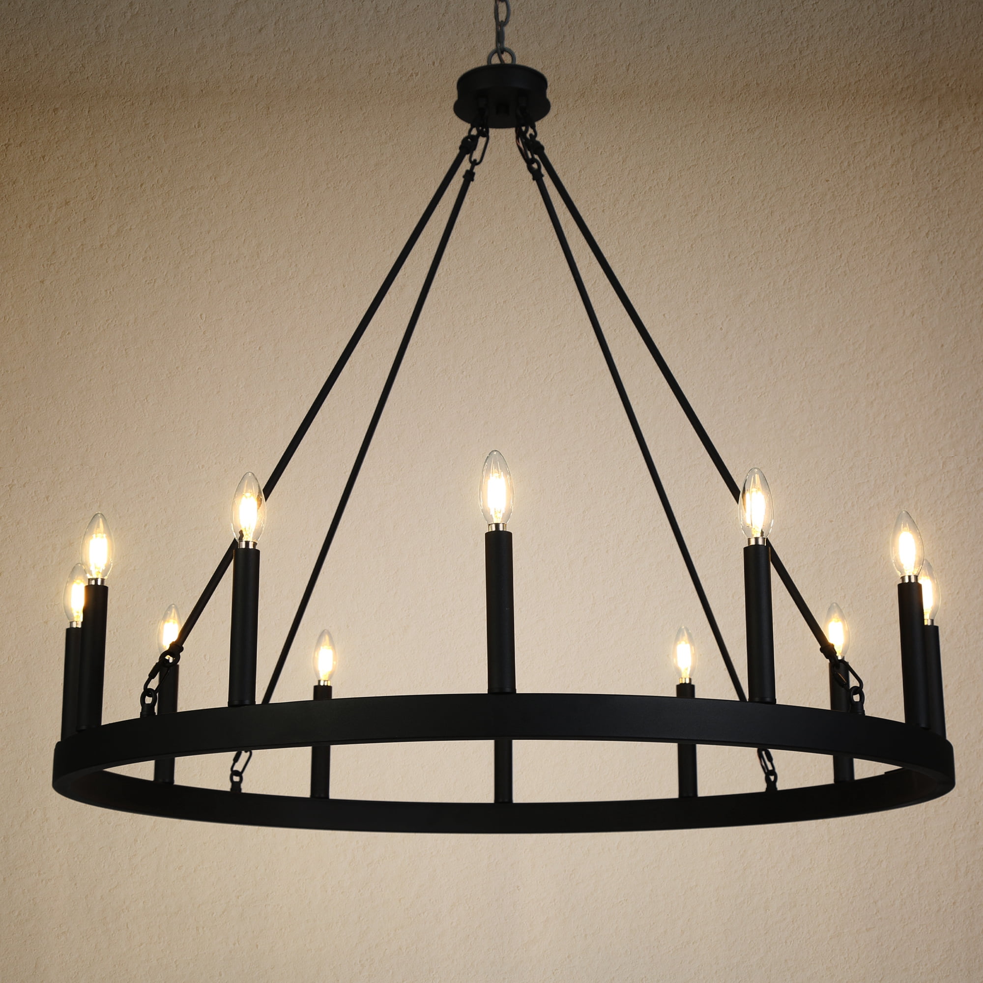LNC Oversized 12-Light Matte Black Candle Chandelier, 39.4” Modern Round Design