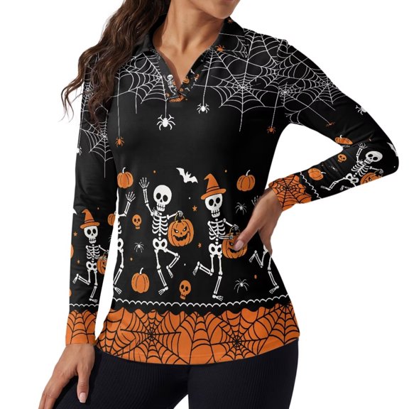 Jeiento Women's Golf Shirts, Moisture Wicking, Halloween Skeleton Sports Tops, Long Sleeve V Neck Quick Dry Sun Protection Top for Halloween, Gym, Yoga and Outdoor Travel