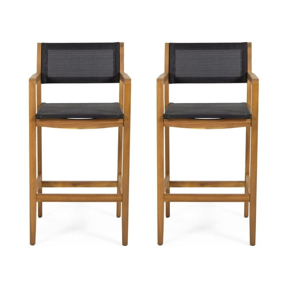 Christopher Knight Home Calista Acacia Wood Barstools with Outdoor Mesh Set of 2, Teak and Black