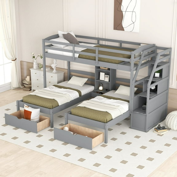 Euroco Modern Wood Twin Size 3 in 1 Bunk Bed, Built-in Shelf and 2 Drawers , Stoage Staircase Room, Gray