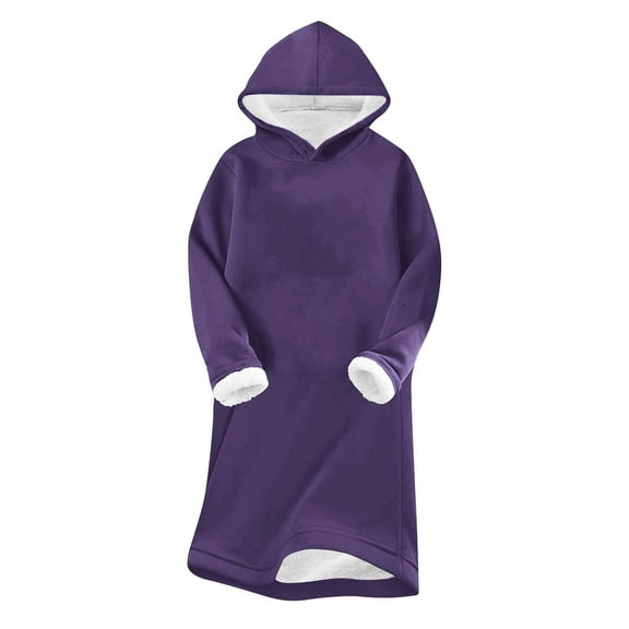 Kaemgyyd Long Sleeve Dress for Women Winter Warm Fleece Sherpa Lined Tunic Dress Soft Solid Hooded Sweatshirts Dresses