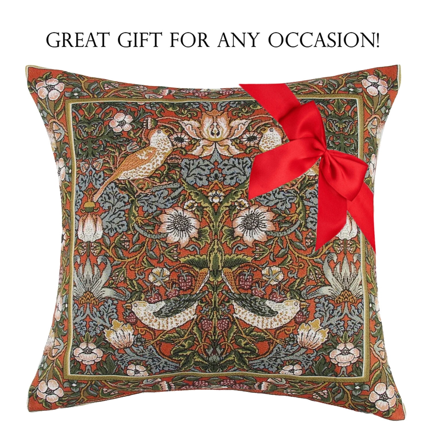 STPgoods William Morris Red Birds Tapestry Throw Pillow with Insert 18x18" (45x45 cm) Decorative Couch and Sofa Cushion for Living Room Bedroom Square Pillowcase