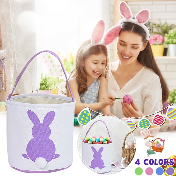 Zeyigg Easter Basket with Rabbit Print, Canvas Gift Bag for Carrying Eggs and Candy, Holiday Party Favor Bag and Home Decor,Blue