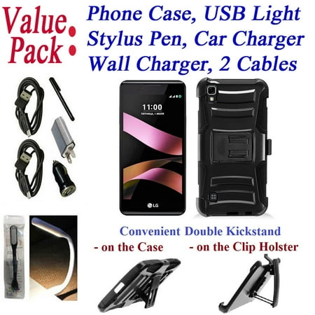 Value Pack + for LG X Style Tribute HD LS676 L56VL Case Phone Case Hrad Back Double Kickstands Clip Holster Hybrid Shock Guard Bumper Cover Black