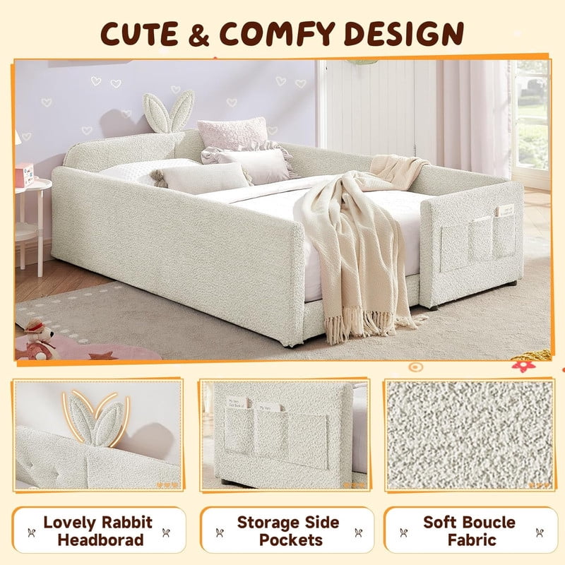 Full Size Upholstered Platform Bed with Rabbit Ear Shaped Headboard, Boucle Fabric Kids Bed with Side Pockets and Safety Guardrail, Space-Saving Corner Bed for Girls, Boys, Teenager