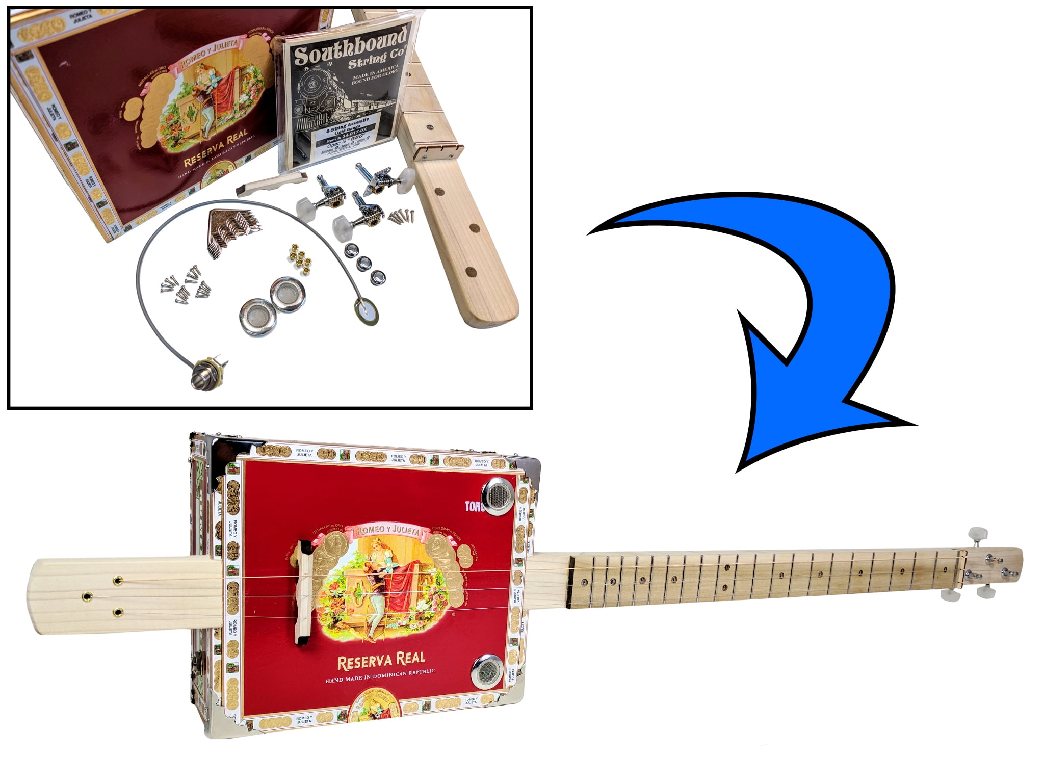 includes Acoustic/Electric Pickup Complete DIY 3-String Fretted Cigar Box Guitar Kit with Neck 