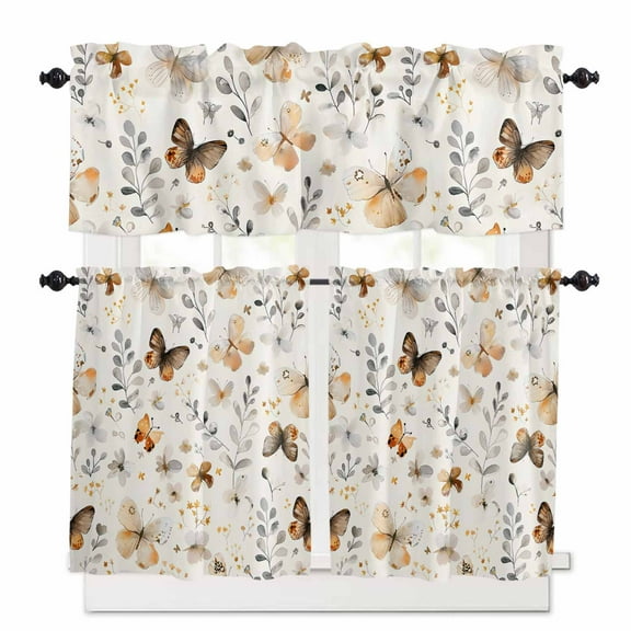 Retro Spring Floral Kitchen Curtain Set, Brown Butterfly Botanical Window Valance and Tiers 36" Length, Light Filtering Short Curtains Valance for Cafe Bathroom Bedroom 54"x18"