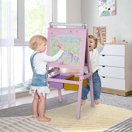 Qaba 3 In 1 Kids Wooden Art Easel with Paper Roll Double-Sided Chalkboard & Whiteboard with Storage Baskets Gift for Toddler Girl Age 3 Years+ Pink