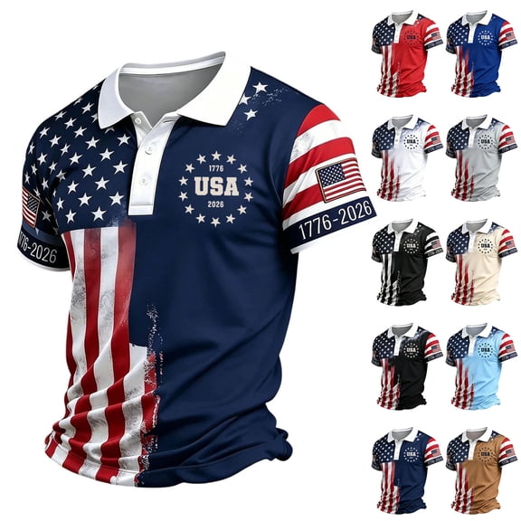 Zimjoy 250th Anniversary USA Men's Golf Polo Shirt Quick Dry Breathable Mesh USA Flag 1776-2026 Print Short Sleeve Shirt for 4th of July Navy L