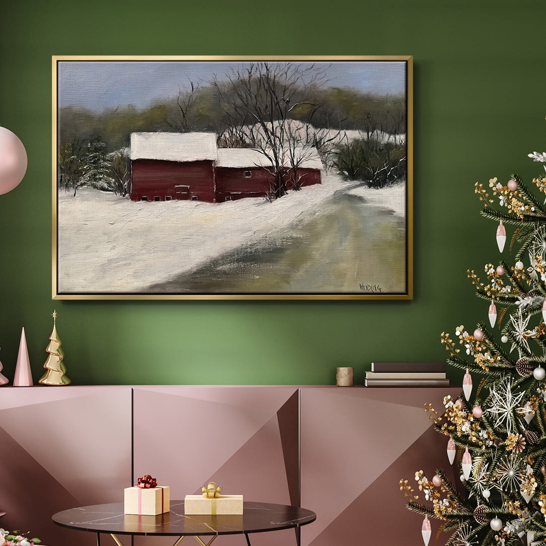 Winter Homestead II - Framed Gallery Wrapped Holiday Canvas - 17 x 25 - Gold Frame