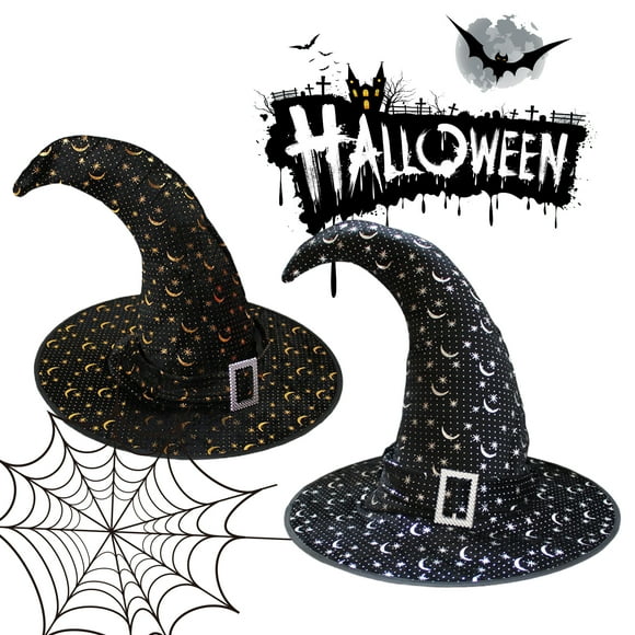 Witch Hat Star And Moon Shiny Prints Angled Hat Decorative Head Accessories Cosplay Props Funny Men Women Party Headgear Cosplay Cap for Halloween Party
