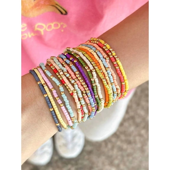 18pcs Colorful Glass Bead Stretch Bracelets for Women, Boho Handmade Beaded Stackable Jewelry Set