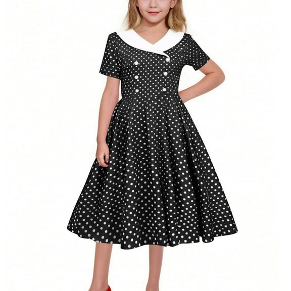 Kids Girls 50s Polka Dot Vintage Dresses Short Sleeve Swing Party Rockabilly Dress Retro Wedding Casual Skater Dress