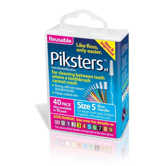 Piksters 40 Pack Interdental Brushes Size 5 Blue Reusable For Cleaning Between Teeth