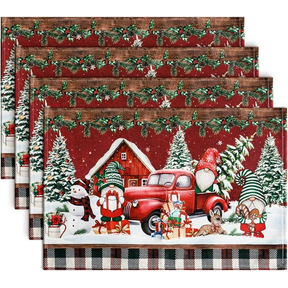 Christmas Placemats Set of 4, Rustic Holiday Gnomes Dining Table Mats, Washable Thick Cotton Linen - Heat, Wear Resistant Winter Place Mats for Kitchen Dining Table Decorations, 18 × 12 Inch