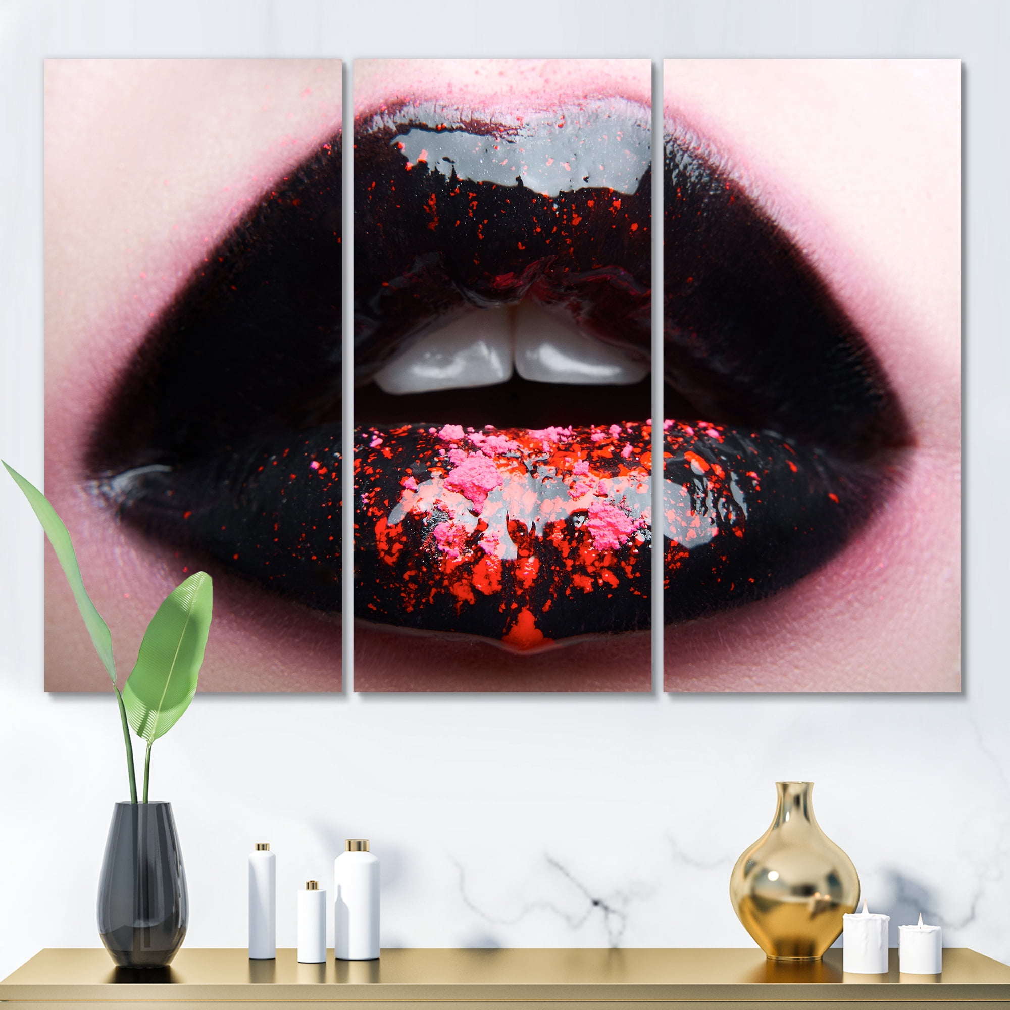 Designart ' Plump Woman Lips With Pink and Black ' Modern Canvas Wall Art Print
