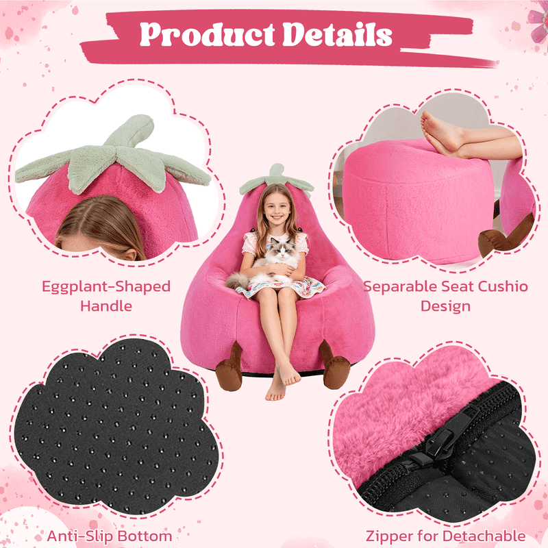 Simple Deluxe 2.5 ft Kids Bean Bag Chair, Faux Rabbit Fur Round Sofa with Handle and Washable Cover, Rose