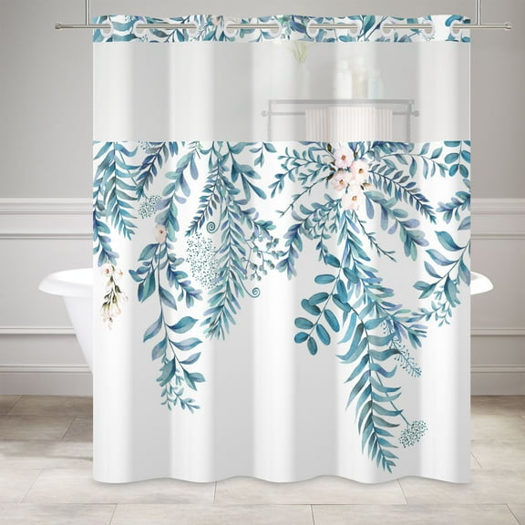Mizhona Teal Blue Nature Leaves Hookless Shower Curtain with Snap in Liner,No Hooks Shower Curtain,71"× 74"