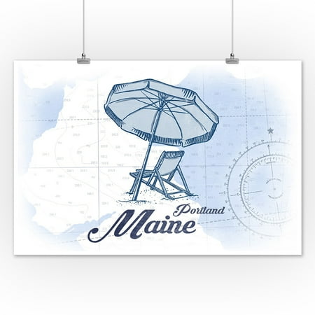 Portland, Maine - Beach Chair & Umbrella - Blue - Coastal Icon - Lantern Press Artwork (12x18 ...