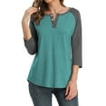 thumbnail image 2 of 3/4 Sleeve Raglan Shirts for Women Color Block Henley Blouse Button Tunic Tops(Green S), 2 of 5