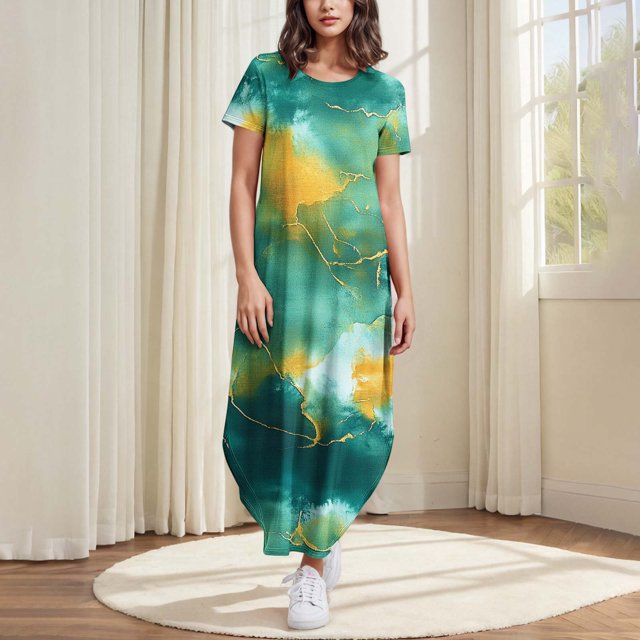 Ovzne Robes pour Femmes Robe Femmes Robes d'Été Décontractées Imprimé Floral Col Rond Manches Courtes Poches Robe Longue Imprimée Robes Courtes pour Femmes Liquidation