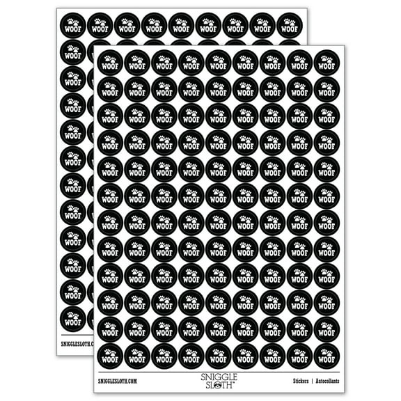 Woof Dog Paw Prints Fun Text 200  Round Stickers - Black - Gloss Finish - 0.50" Size