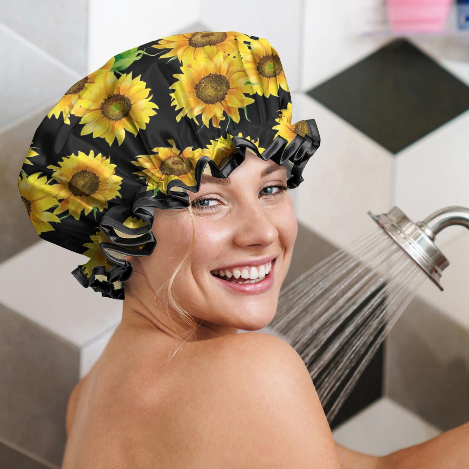 Shower Caps,Black Sunflower Green Leaf Pattern Waterproof Shower Cap for Women 4 Pieces,Double Reusable Hair Cover for Shower PEVA Elastic Stretch Hem