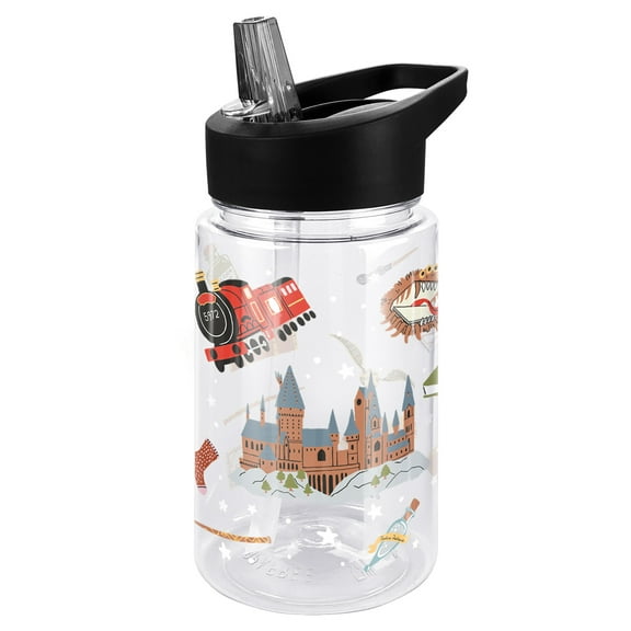 Harry Potter Kids Tritan Plastic Water Bottle with Straw Lid and Handle, Reusable Tumbler for Toddlers, Unisex for Girls and Boys, 12oz, HP Pattern