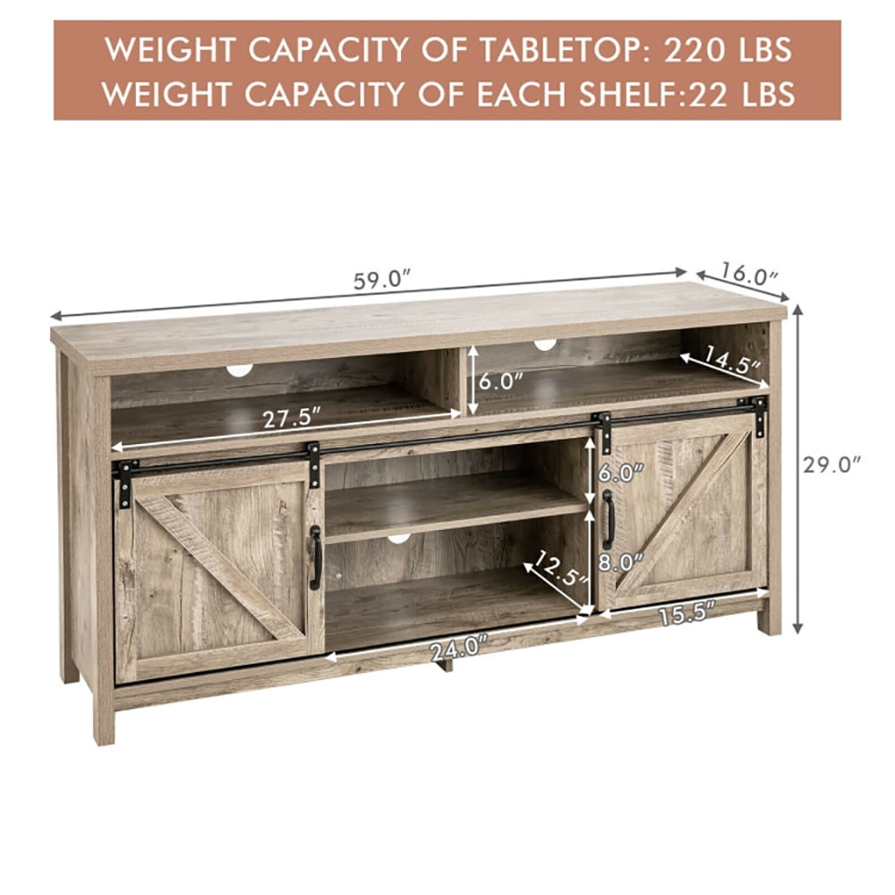 Finihen TV Stand, TV Cabinet, 59 Inch Sliding Barn Door TV Stand with Adjustable Shelves for TVs up to 65 Inch, for Living Room, Bedroom, Light Brown