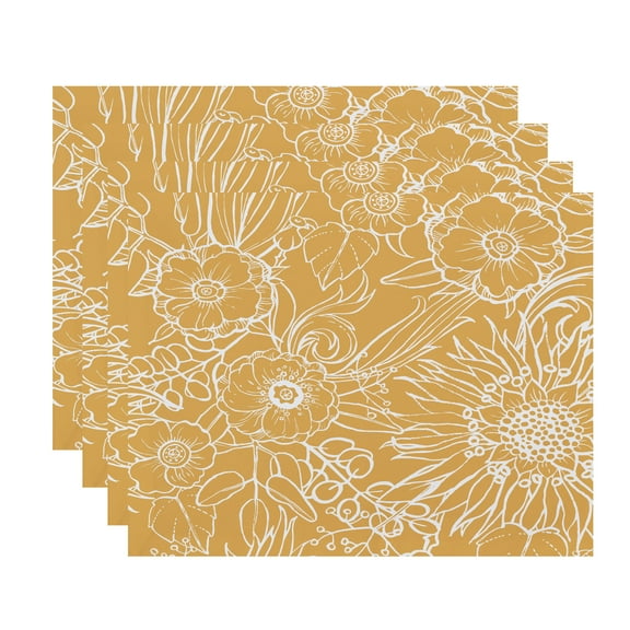 Simply Daisy, 18 x 14 inch, Zentangle 4, Floral Print Placemat (Set of 4), Gold
