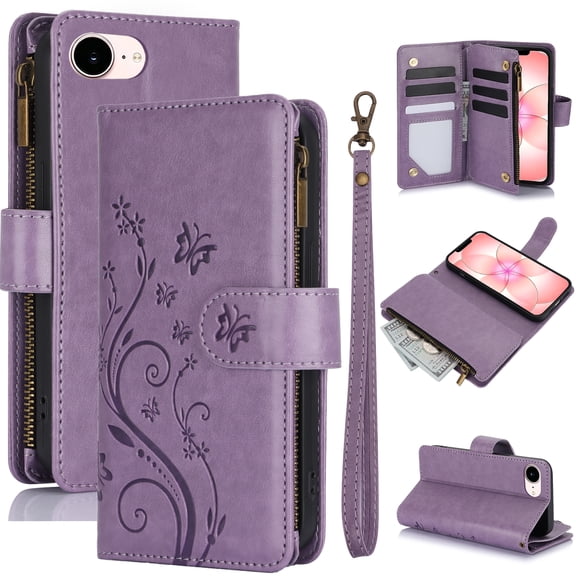 For iPhone 17E / iPhone 16E Case Wallet with Card Holder and Wrist Strap,Butterfly Floral Pattern Cover Case, Leather Kickstand Shockproof Phone Case for Women,Light Purple