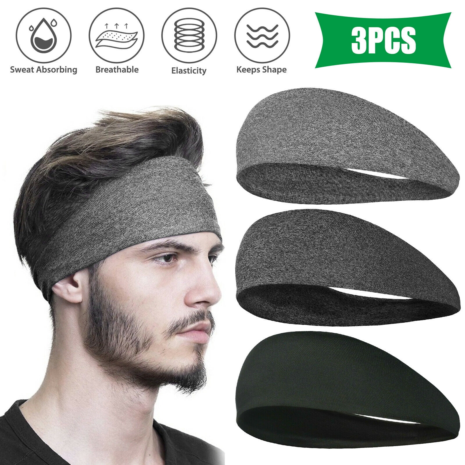 3 Pieces Sweatbands Non Slip Headbands Stretchy Running Sports Headband