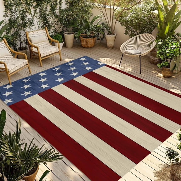 Fsddascl Vintage 4th of July Outdoor Rug for Patio/Deck/Porch, Non-Slip Large Area Rug 5 x 8 Ft, Independence Day Red Blue Indoor Outdoor Rugs Washable Area Rugs, Reversible Camping Rug Carpet