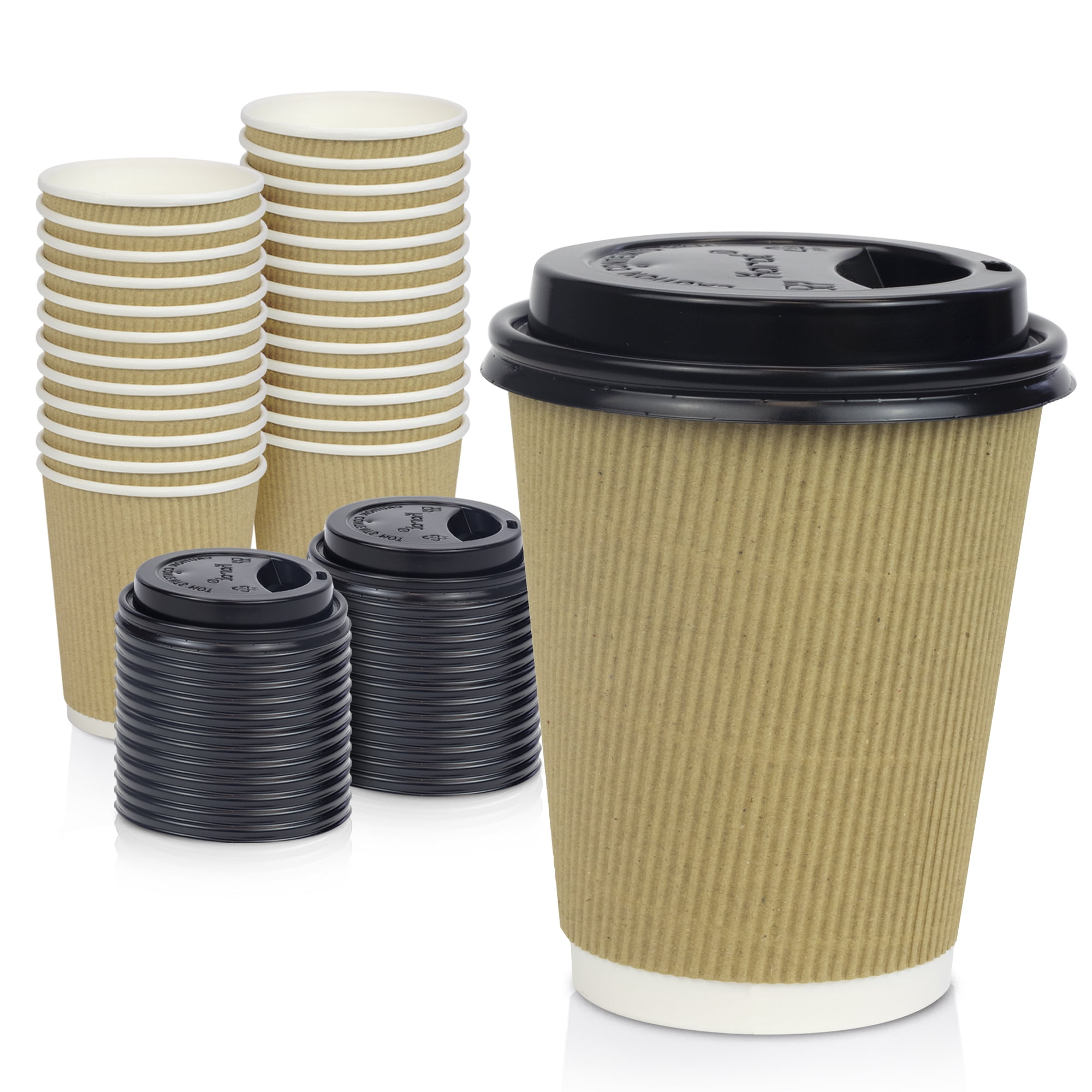 Insulated Ripple Kraft Disposable Paper Coffee Cups White lids from 4 up to 20oz 