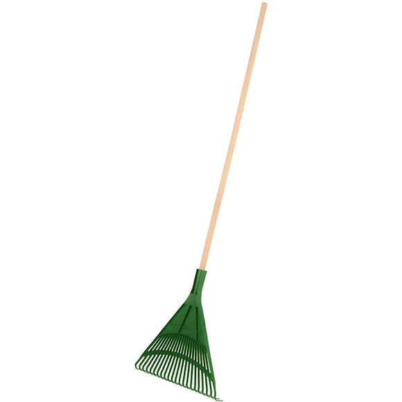 Superio Green Garden Rake with Wood Handle - Durable Plastic Head 22 Tines Fall Lawn Rake
