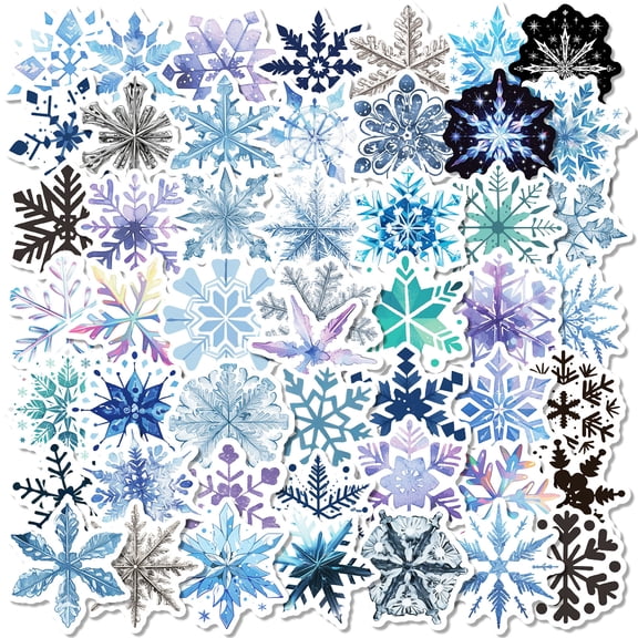 50-Pack Snowflake Stickers for Christmas and New Year - Unique Multi-Faceted Snowflake Window and Door Decals, Non-Repeating Designs