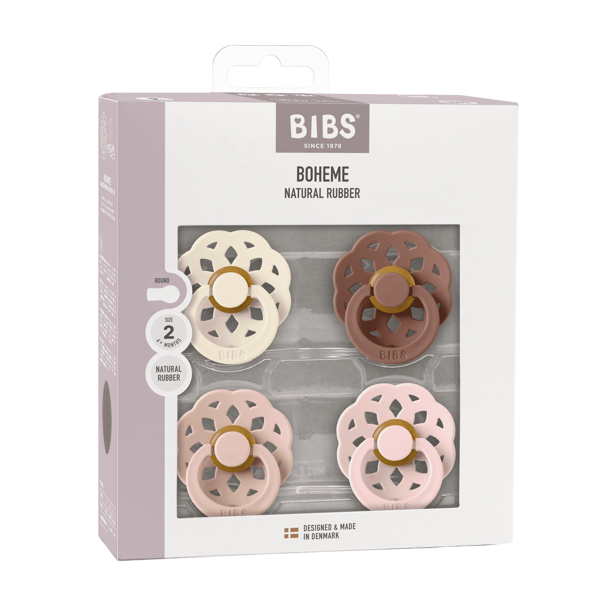 BIBS Pacifier Boheme Size 2, 6-18 Months, Ivory/Blush/Woodchuck/Blossom, 4 pack